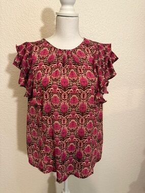 DR2 Pink and Brown Patterned Ruffle Sleeve Blouse
